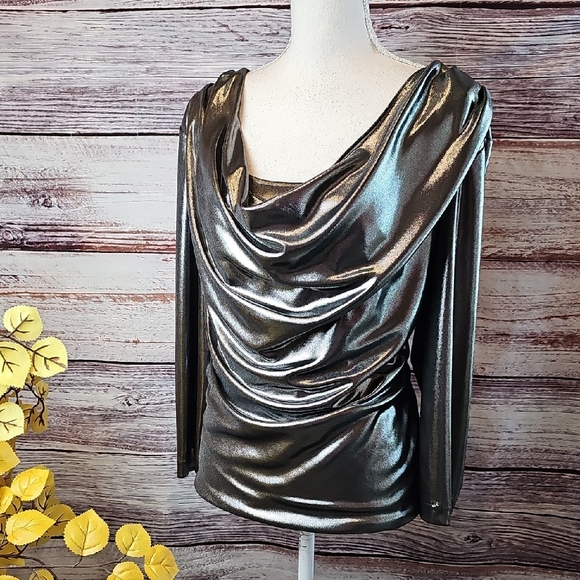 Jackie Jon Tops - NEW JACKIE JON SILVER METALLIC DRAPED NECK LONG SLEEVE PULLOVER BLOUSE